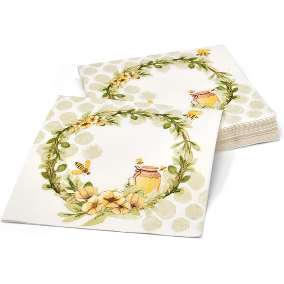 Gift Boutique Bee Cocktail Napkins 100 Count, 3-Ply Floral Wildflower Honey Bumble Bee Design, Disposable Beverage Napkins 5x5 Folded for Parties