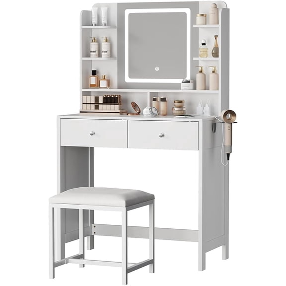 ELUREVIA White Vanity with Lighted Mirror, Dressing tables with 8 Shelves, 2 Drawers, Charging Station, LED Mirror with 3 Light Modes