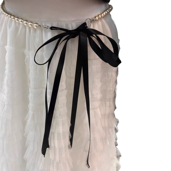 Sophisticated Ribbon Bowknot Pendant Waist Chain Dainty Beaded Waistband Adjustable Body Link Belt for Dress and Coat