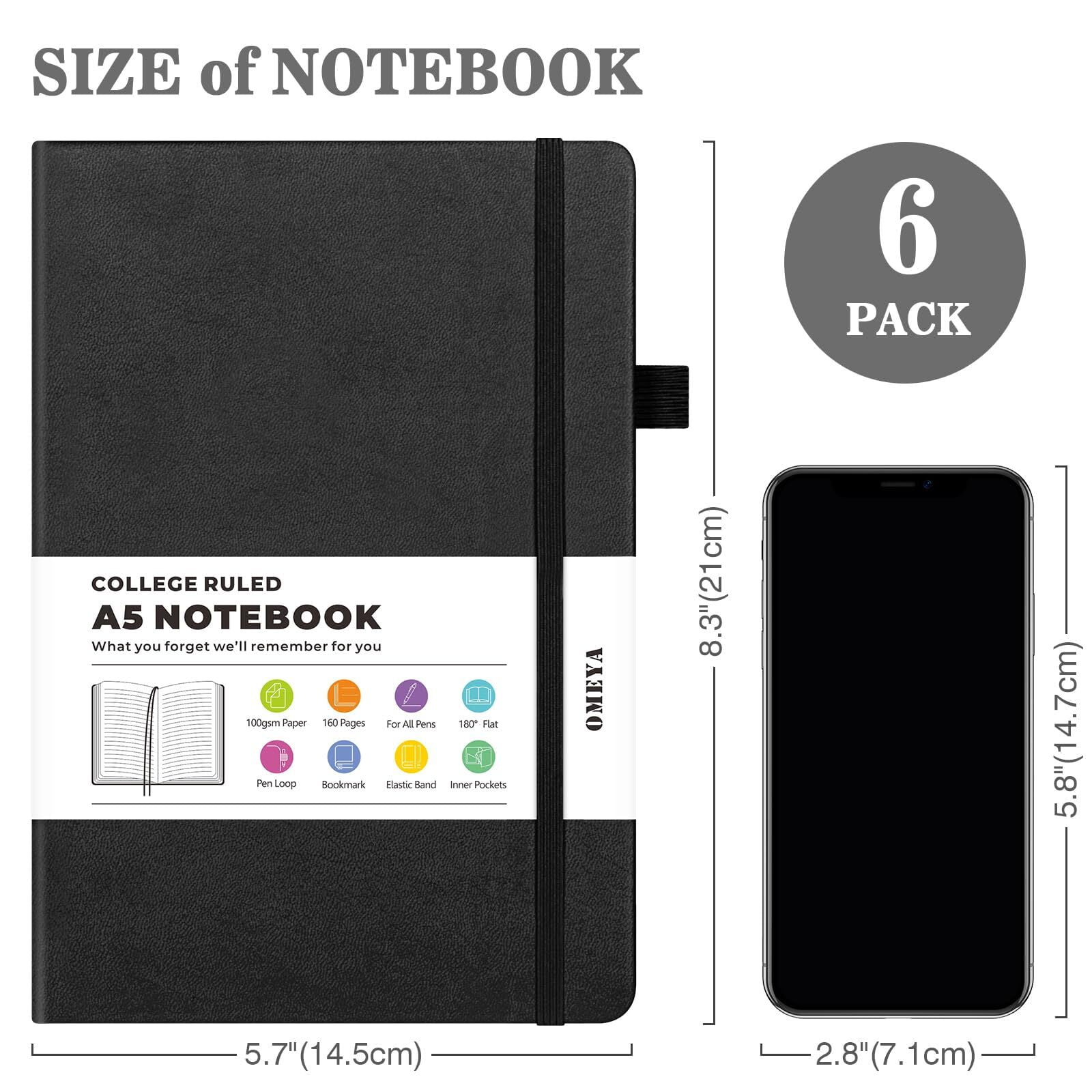 OMEYA 6 Pack Lined Journal Notebook, A5 College Ruled Notebooks with 6 Pens, Hardcover Notebooks for Work Campus, 160 Pages, 100GSM, 5.7"x8.3", Leather Journal for Women & Men