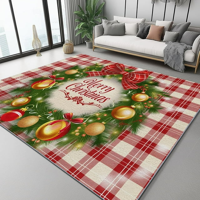 Area Rug Machine Washable Simple Christmas Wreath Theme, 7 X 8 ft Large Carpet Foldable for Bedroom Dining Room Home Office, Red Fade Stain Resistant Indoor & Outdoor Rugs