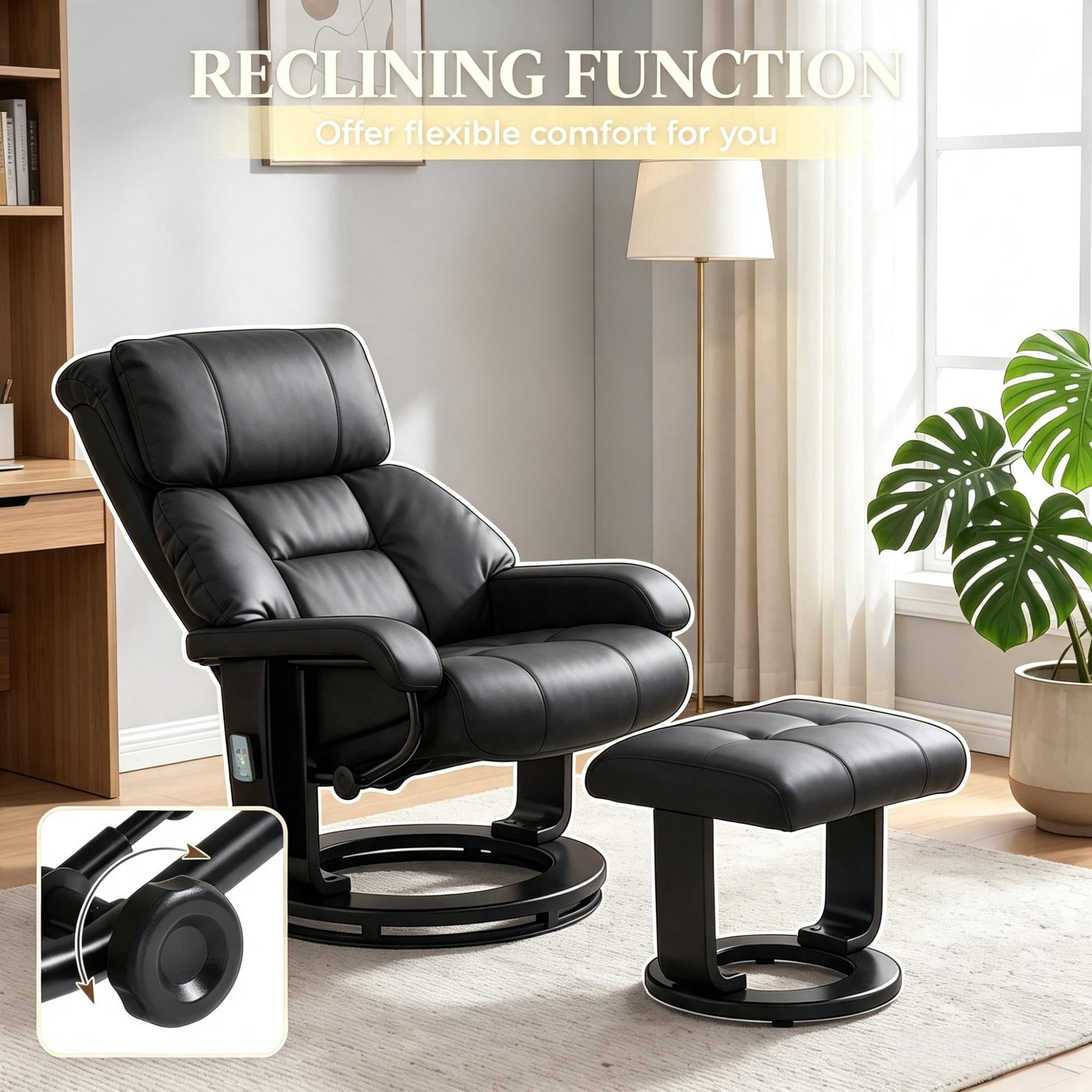 360° Swivel Massage Recliner Chair, 10-Point Vibration Footstool for Living Room, Black