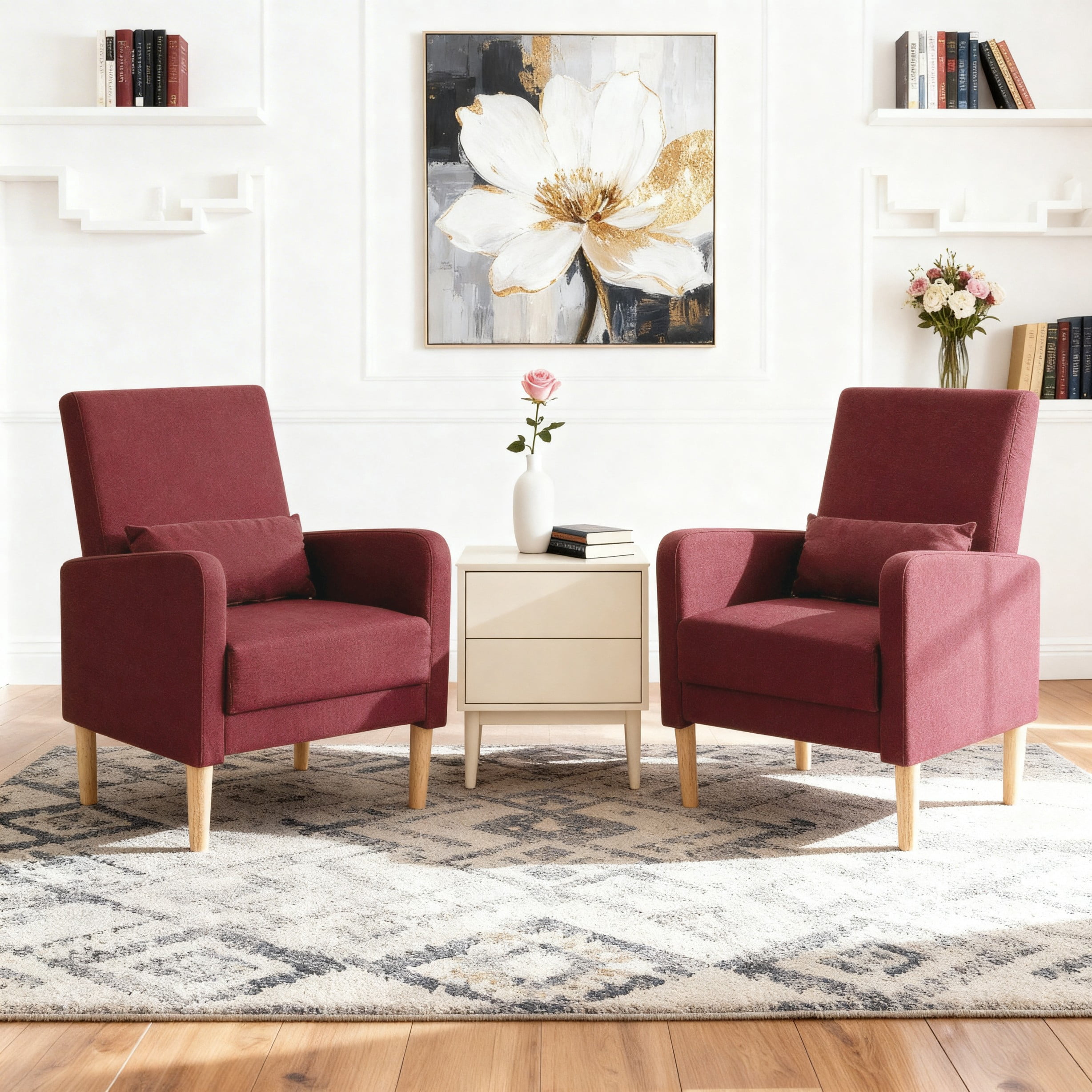 BSHTI Set of 2 Mid-Century Linen Upholstered Accent Chairs with Backrests, Armrests, Solid Wood Legs for Reading Nook, Apartment（Red）