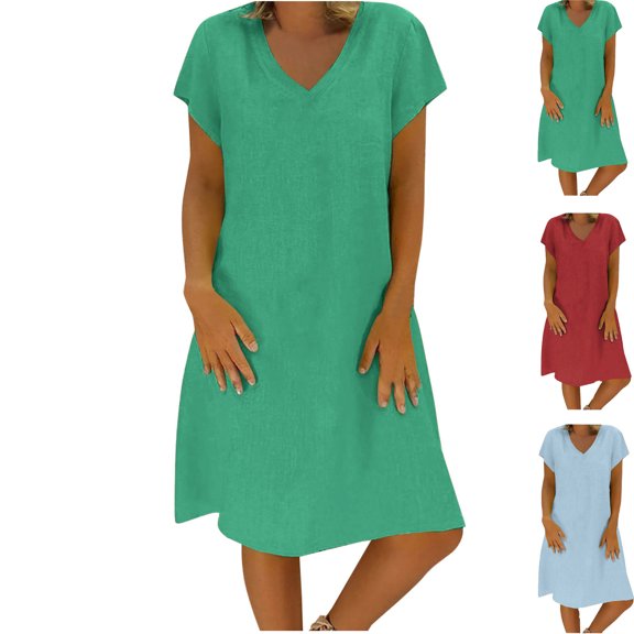 Elvqul Short Sleeve Dresses for Women Pullover Summer Midi Dresses Cotton Linen V Neck Beach Knee Length Womens Casual Dresses