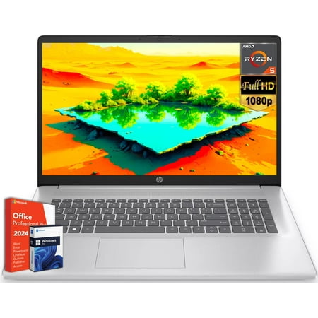 HP 17 inch Laptop, Microsoft Office 2024 Lifetime License & Windows 11 Pro, AMD Ryzen 5 7430U, 16 GB RAM, 512 GB SSD, 17.3" FHD Display, AMD Radeon Graphics, Long Battery Life, Anti-Glare,Wi-Fi 6