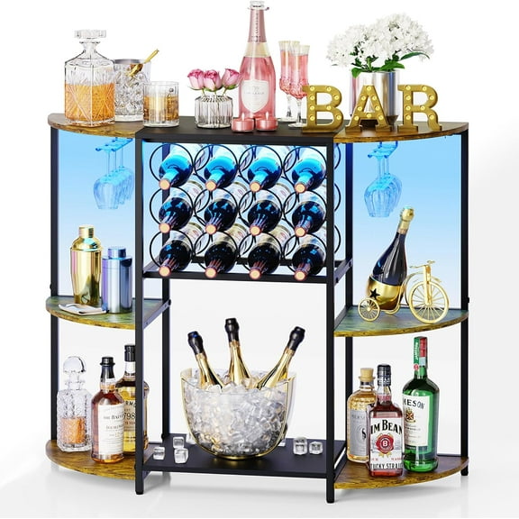 Wine Bar Cabinet with LED Lights, Mini Wine Rack with Storage and Glass Holder, Home Bar Cart for Liquor, 3-Tier Bar Table for Kitchen, Dining Room, Living Room, Rustic Brown