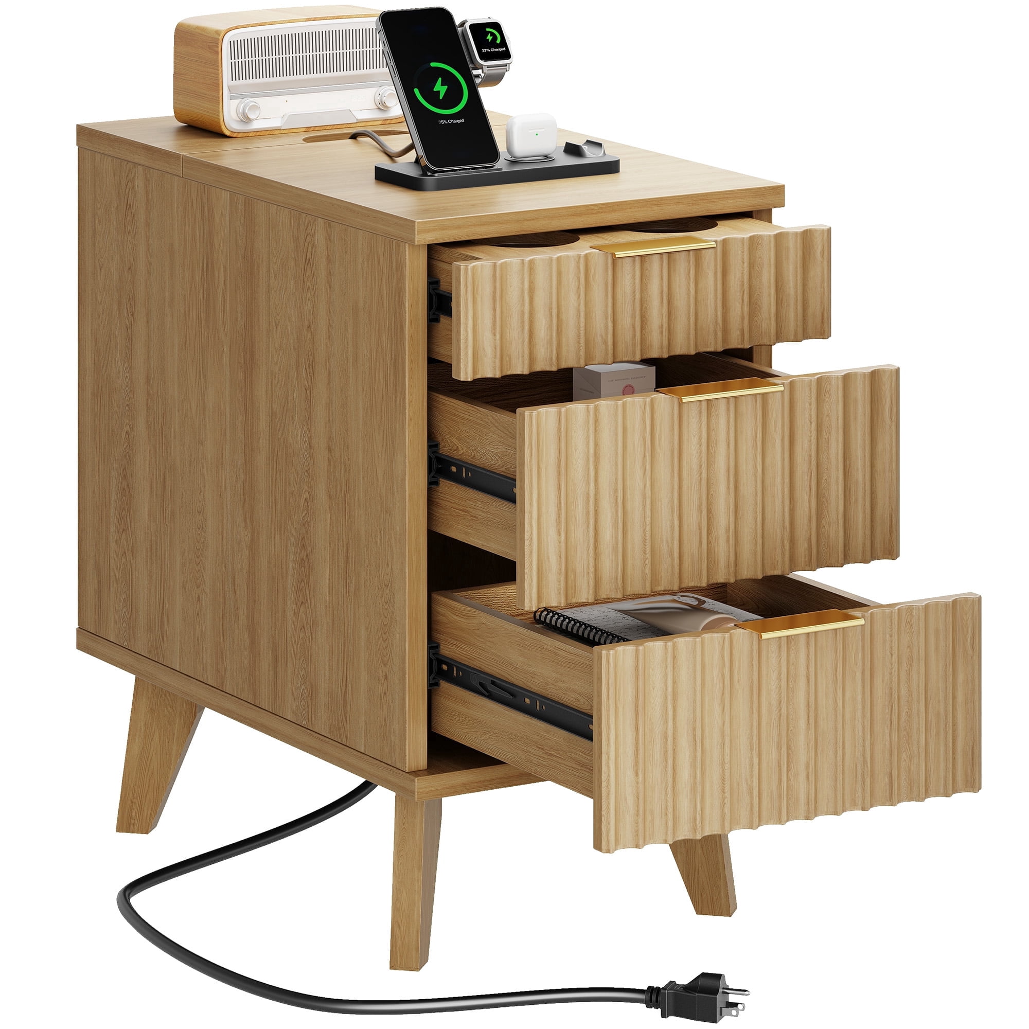 Biemlerfn 3 Drawer Side Table with Charging Station, Narrow End Table with Open Storage, Wooden Nightstand for Bedroom, Living Room, Natural Wood