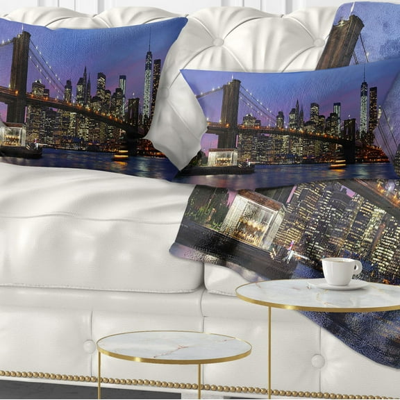 Designart Brooklyn Bridge and Manhattan at sunset - Throw Pillow - 12x20