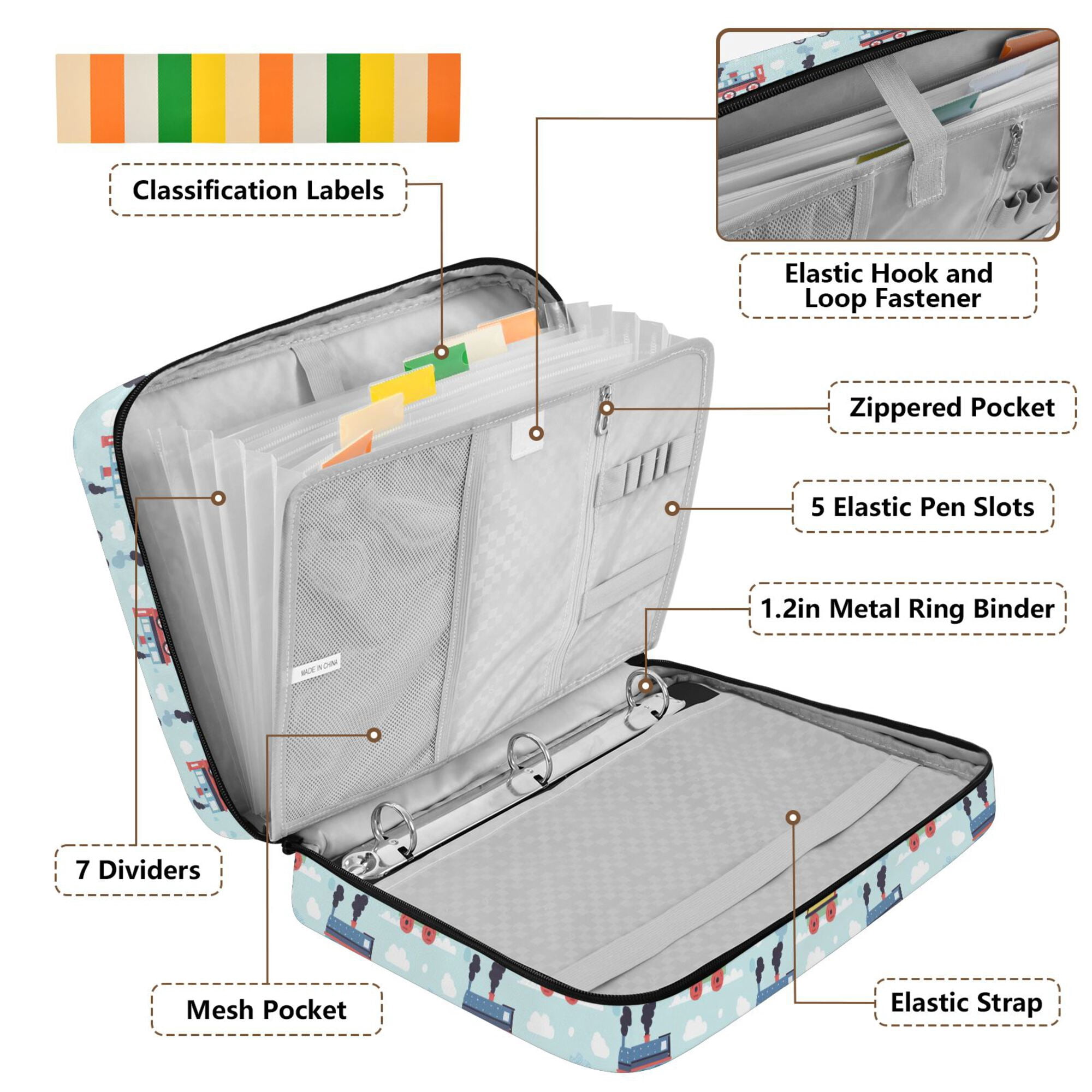 FORMRS Accordion File Folder A4 Size 7-Pocket Expanding Document Organizer Bag with 3 Ring Binder, Colorful Trains