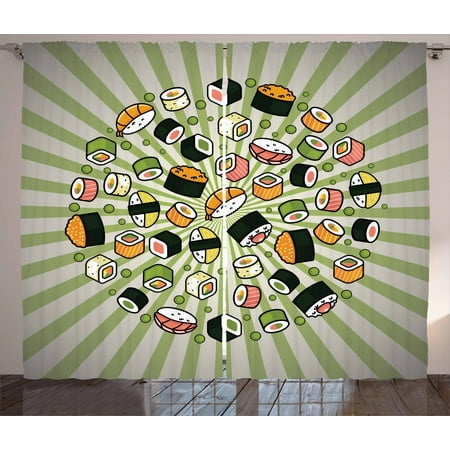 Sushi Curtains 2 Panels Set Japanese Manga Style Delicious Sushi