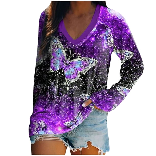 Camiseta de manga larga con estampado de mariposa con cuello en V informal para mujer a la moda Fridja hkj3634