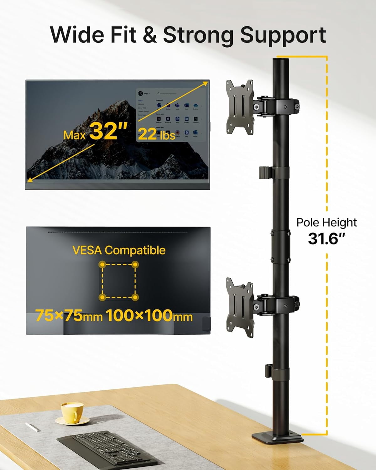 monTEK Vertical Dual Monitor Mount for 17"–32" Screens, Stacked Adjustable Monitor Arm with 31.6" Tall Pole, Holds 22 lb per Screen, C-Clamp & Grommet Base, VESA 75/100mm, Black