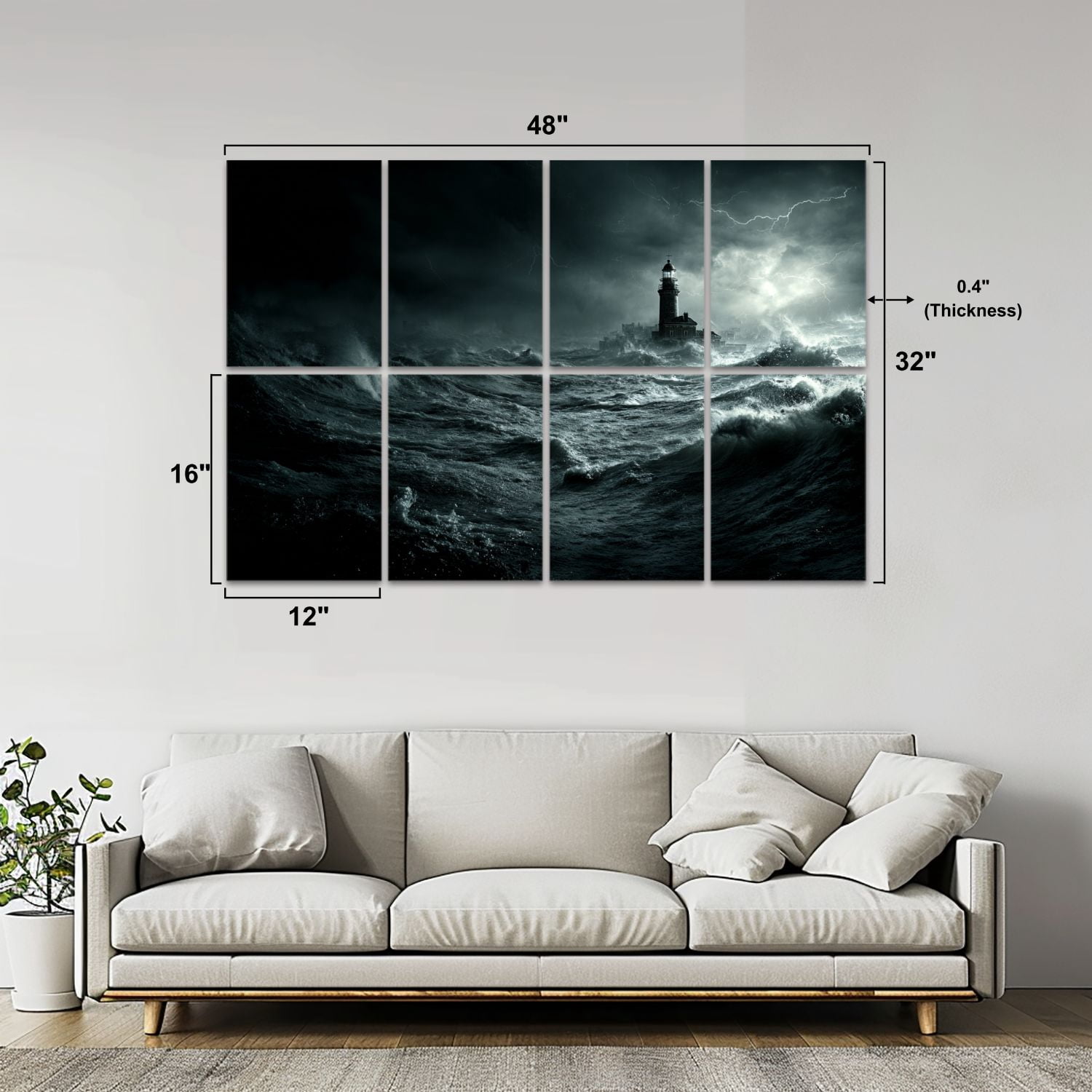 8 Pack Art Acoustic Panels Sound Absorbing Moody Lighthouse Scene Violent Waves Dark Storm Clouds Decorative Soundproof Wall Panels Self Adhesive for Nursery Game Room Bedroom 48"x32"