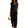 thumbnail image 5 of LEAVINGSUO Two Piece Sets for Women Plus Size Ladies' Casual And Fashionable Solid Color Short Sleeved Button Top And Pants Set Black L, 5 of 6