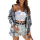 thumbnail image 1 of Camisa de franela a cuadros Keva Molly de manga larga para mujer, gris y blanco, 1 of 2