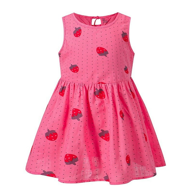 2DXuixsh Robes pour Tout-Petites Filles Mignonnes Ligne A Évasées Robe Longueur Genou pour Tout-Petite Robe d'Été pour Filles Coton Imprimé Fraise Robes pour Filles Rose Vif 3-4 Ans