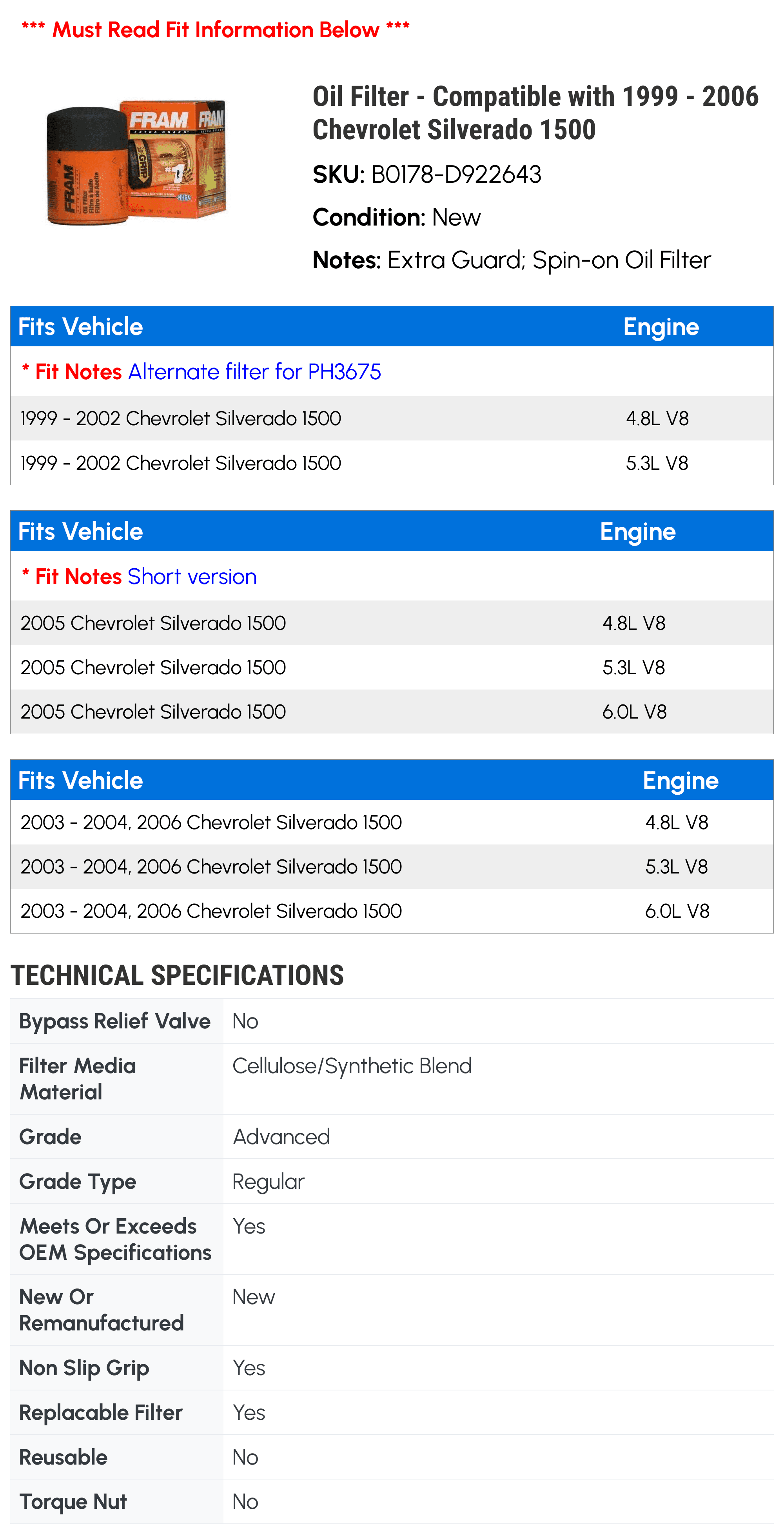 Oil Filter - Compatible with 1999 - 2006 Chevy Silverado 1500 2000 2001 2002 2003 2004 2005