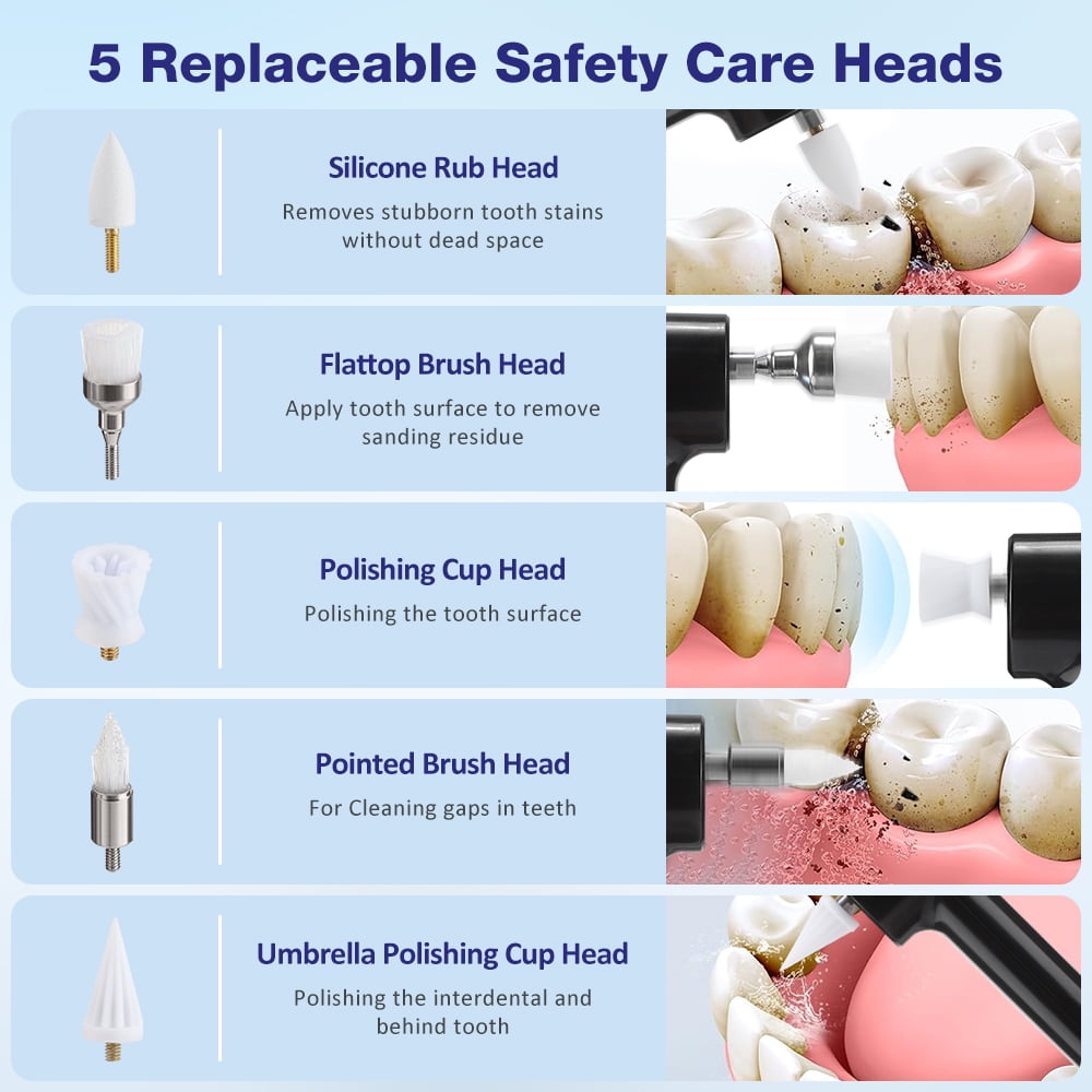 Tooth Polisher, Rechargeable Tooth Whitening Kit for Teeth Daily Whitening and Cleaning, Electric Dental Polisher with 5 Brush Heads, 4 Speed Modes, Waterproof, LED Light