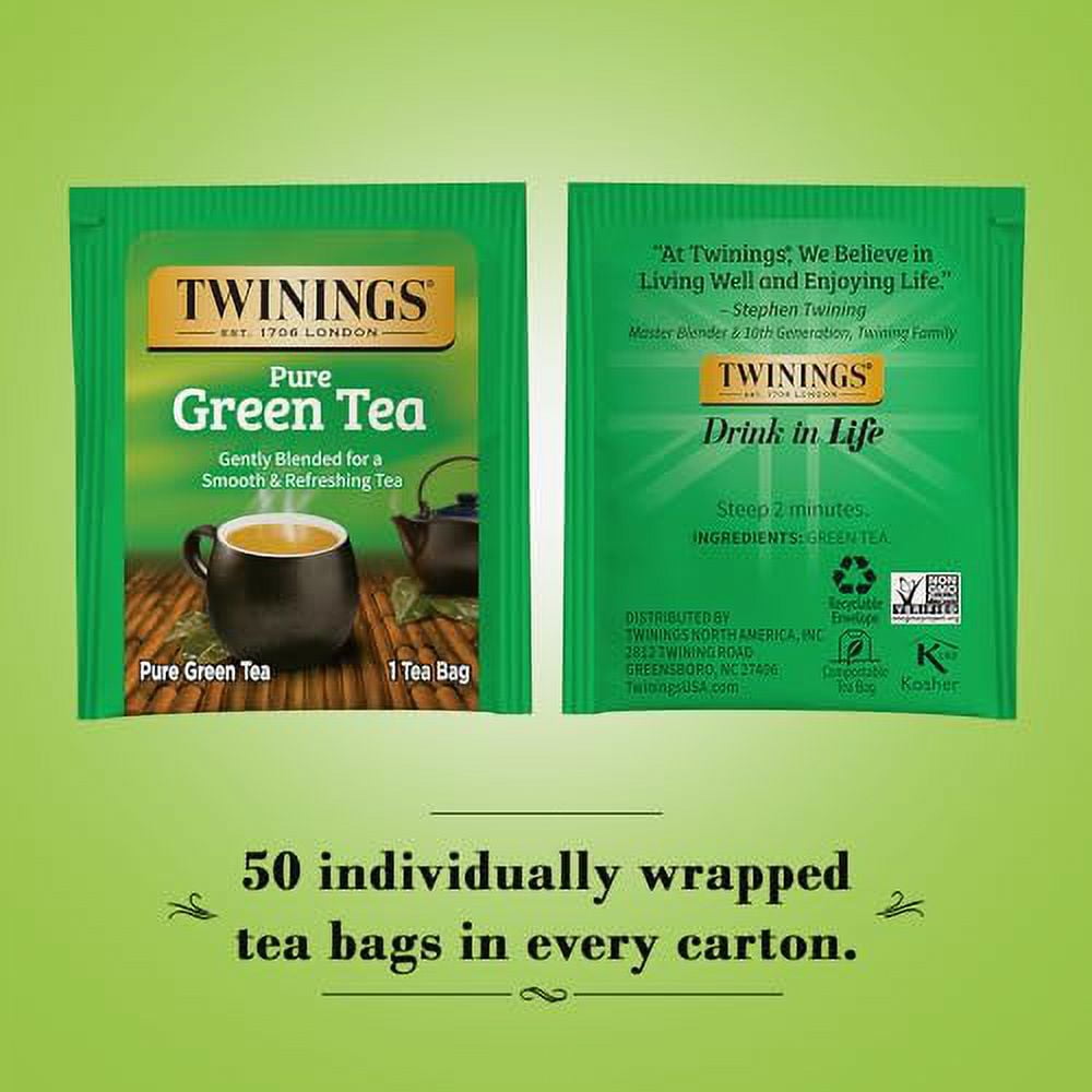 Twinings Green Tea - Smooth Flavor, Enticing Aroma Caffeinated Green Tea Bags Individually Wrapped, 50 Count Ea (Pack of 3)