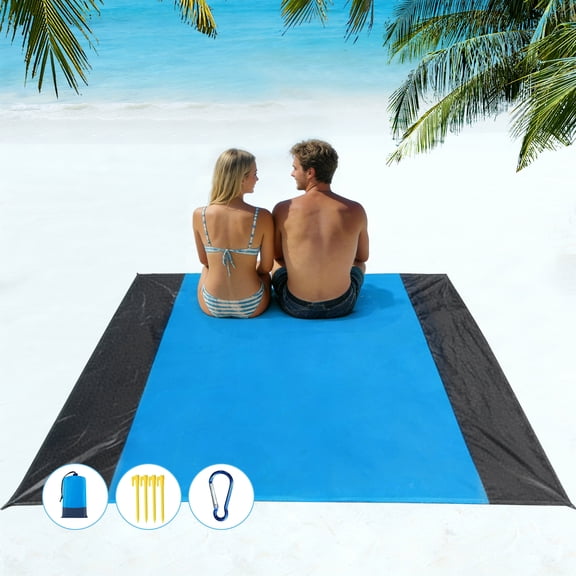 Beach Blanket, 72"x78" Waterproof Sandproof Beach Mat with Stakes & Storage Bag, Quick Drying Picnic Mat, Beach Accessories for Travel, Camping, Hiking