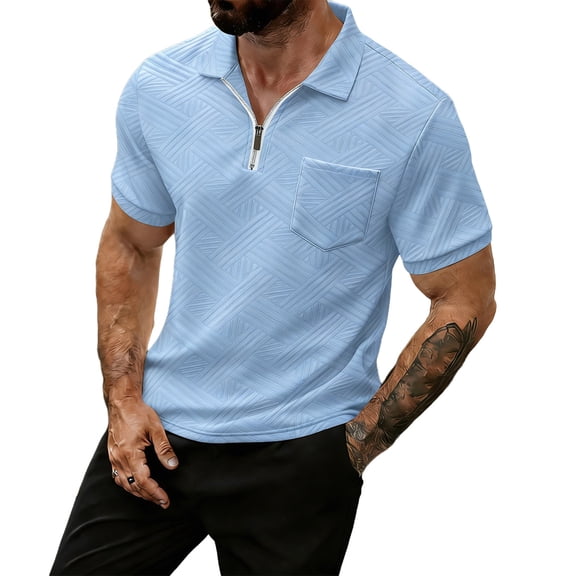 Vhkiploz Summer Sweatshirts for Men Short Sleeve Zipper V-Neck Turndown Collared Tops Business Work Golf Casual Solid Color Blouse with Pocket