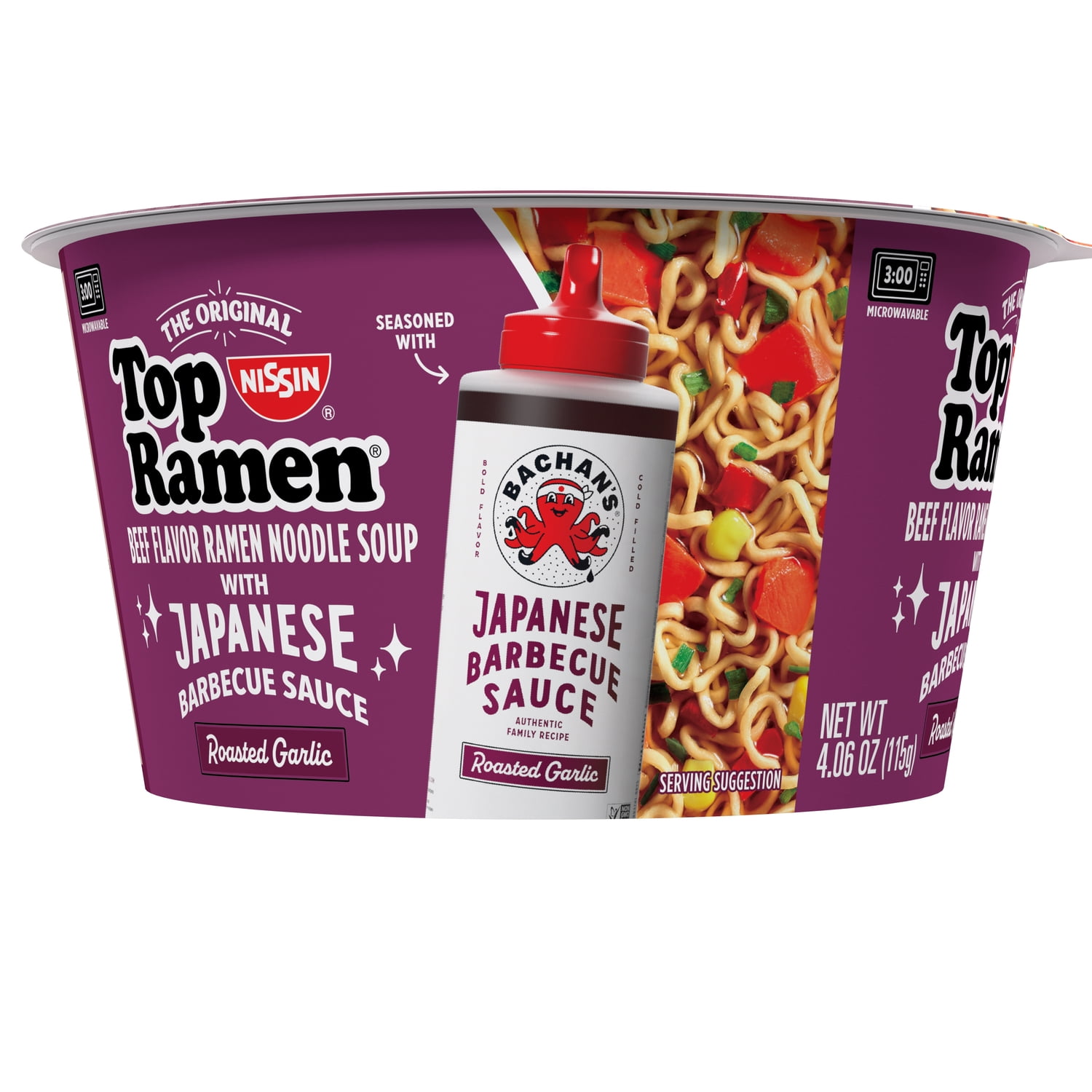 (6 pack) Nissin Top Ramen Bachan's Beef Ramen Bowl with Bachan's Roasted Garlic Japanese Barbeque Sauce