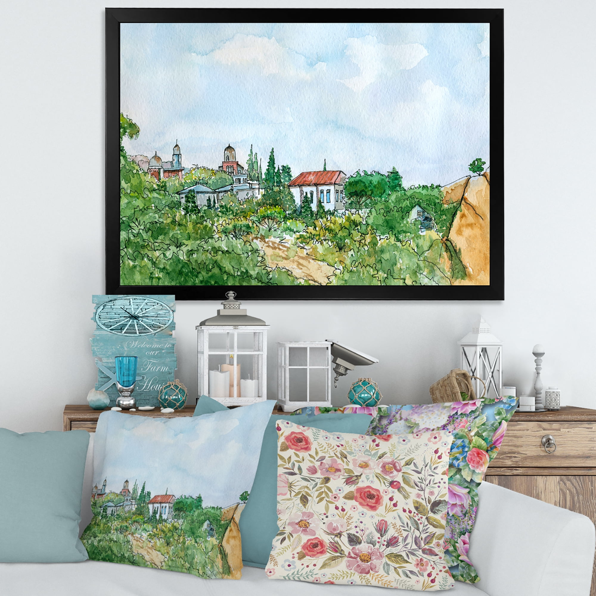 Designart 'White House With Red Roof In The Lush Green Countryside' Traditional Framed Art Print