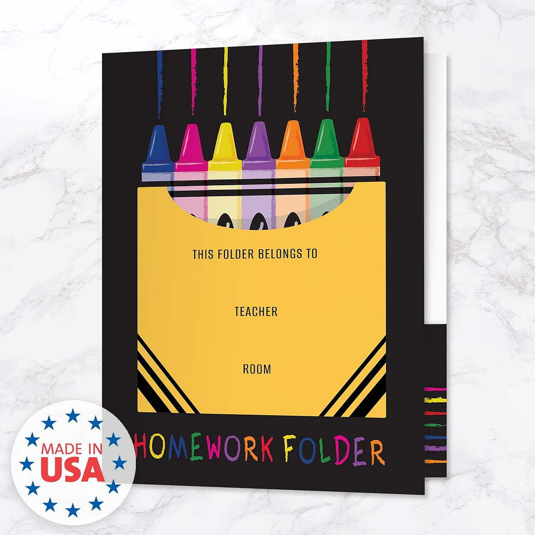 Colorful Crayon Box Homework Folders / 25 Vibrant Classroom Student Folders / 9" x 12" School Teacher 2 Pocket Organizational Black Desk Folder Pack / Made In The USA