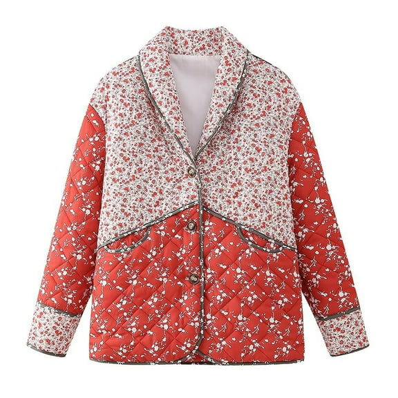 Jinhomg Thin Quilted Coat for Women Retro Ethnic Style Floral Print Puffer Jacket Casual Comfy Button Down Lapel Collar Outerwear Red S