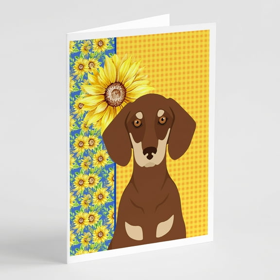 Summer Sunflowers Chocolate and Cream Dachshund Greeting Cards and Envelopes Pack of 8 7 in x 5 in