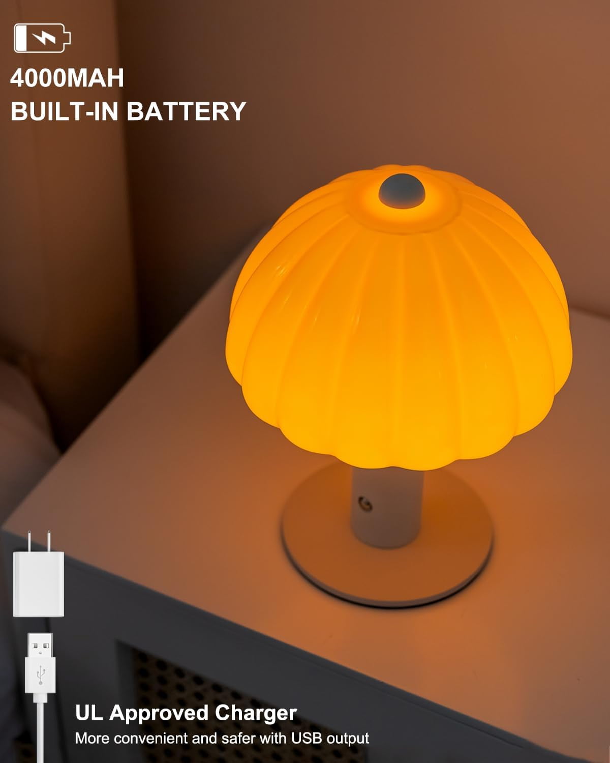FANHAO Touch Bedside Table Lamp, 3-Way Dimmable with Mushroom Glass Light,4000mAh, Bedroom Reading