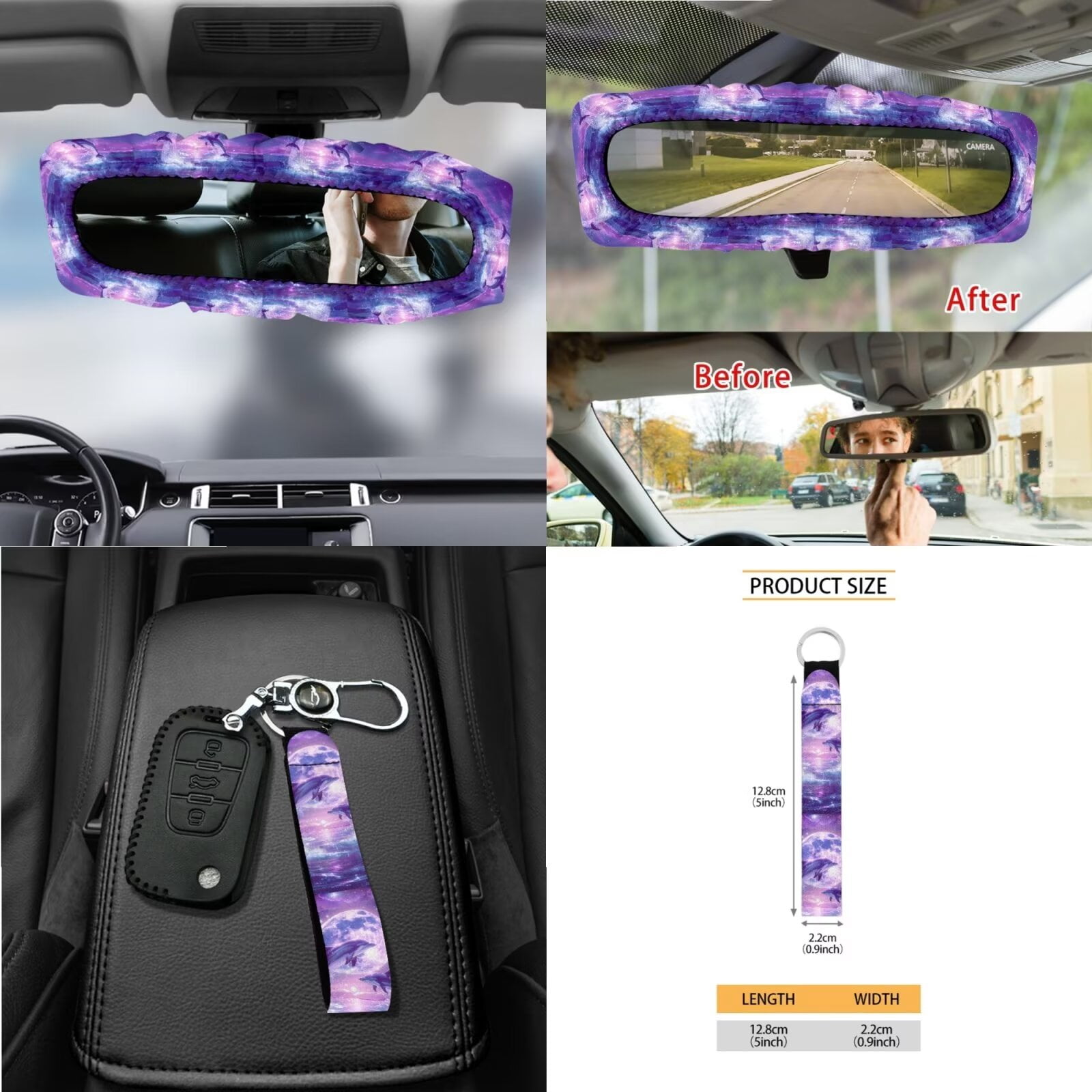 KUIFORTI 15PCS Dolphin Car Seat Covers Full Set/Seatbelt Shoulder Pads/Steering Wheel Cover/Keychain/Cup Mats/Rear View Mirrow Cover/Garbage Can/Car Mount Phone Holder, Purple