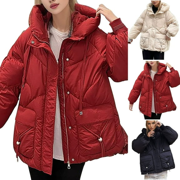 Lovskoo 2024 Womens Winter Coats Quilted Jacket Zipper Long Sleeve Hooded Cotton Padded Jacket Black