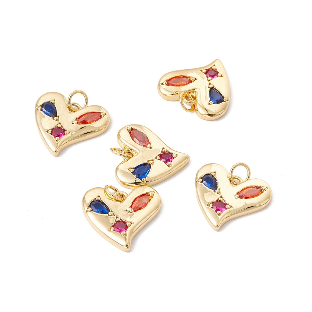 20pcs Rack Plating Brass Micro Pave Colorful Cubic Zirconia Pendants with Jump Ring Cadmium Free & Nickel Free & Lead Free Heart golden 16x17x2mm Jump Ring: 5x0.6mm Inner Diameter: 3.8mm