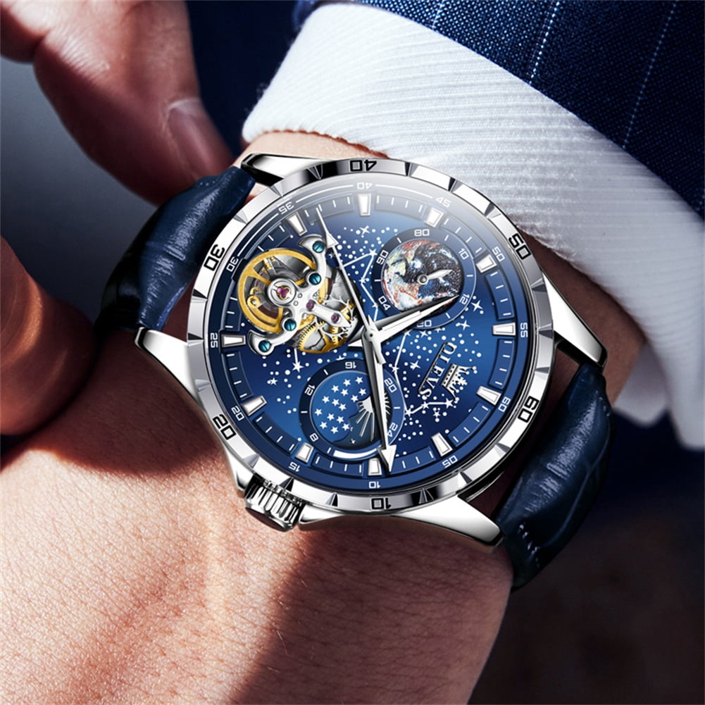 OLEVS Automatic Watches for Mens Starry Sky Skeleton Tourbillon Self Winding Mechanical Moon Phase Luminous Waterproof Luxury Dress Mens Wrist Watches Gifts Reloj Para Hombre Black/Blue/Green