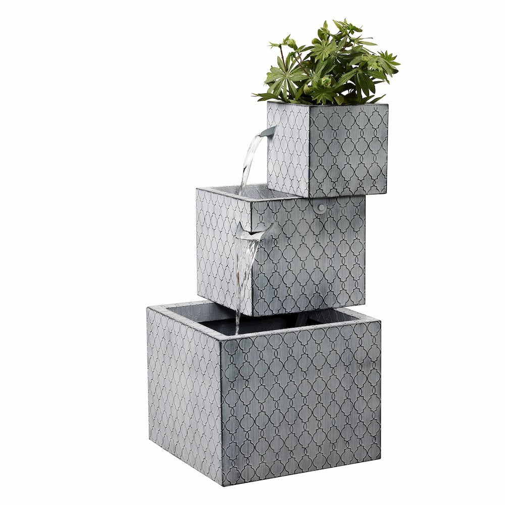 Hi-Line Gift Ltd 79533-H Rectangle 3 Tier Metal Fountain with Planter - Outdoor