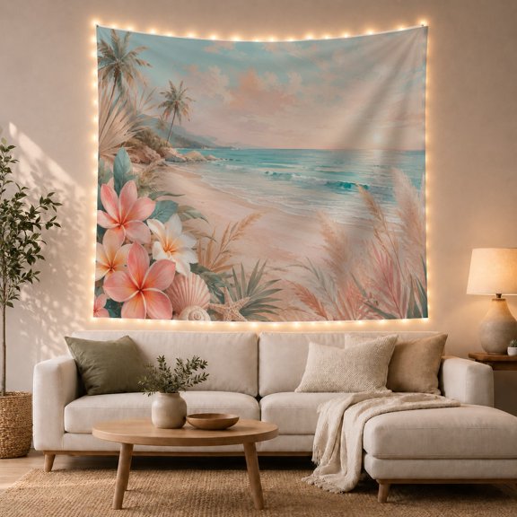 Tropical Beach with Plumeria by a Turquoise Shore, Serene Watercolor for Beach Lovers, Coastal Home Decor, Hostess Gift, Tapestry Wall Hanging for Bedroom and Living Room