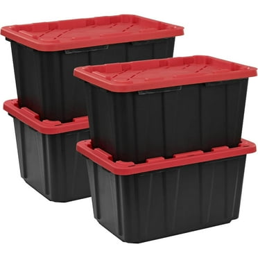 27-Gallon Heavy Duty Tough Storage Container & Snap-Tight Lid, (28.5”L x 19.4”W x 15.2”H), Weather-Resistant Design and Stackable Organization Tote [4 Pack]