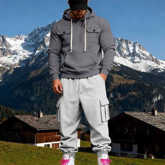 Yusimy Men's Solid Color 2-Piece Hoodie Set Button Pocket Drawstring Pants Long Sleeve Casual Sports