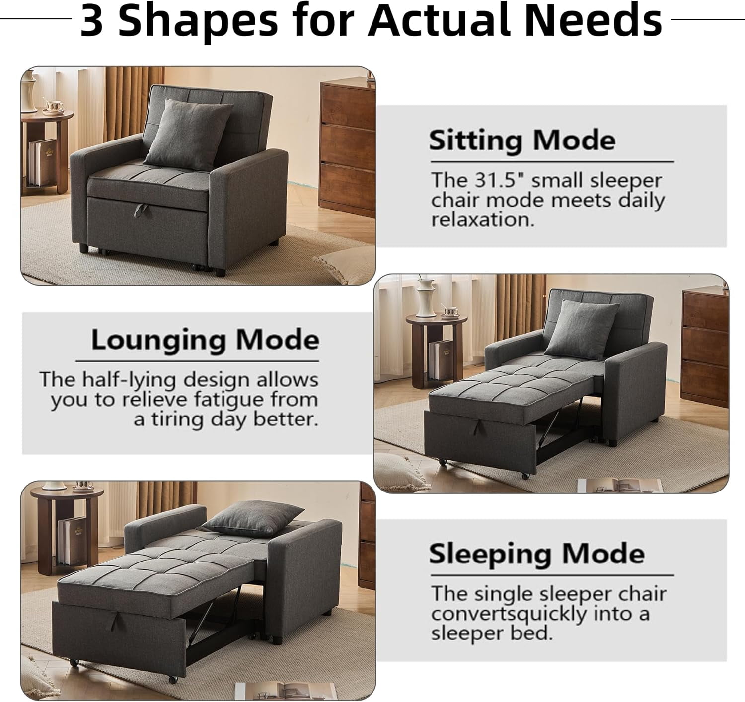 Gewnee 3-in-1 Convertible Chair Bed, Fabric Sofa Bed with Adjustable Backrest for Small Spaces, Dark Grey