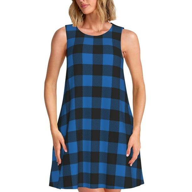 Fotbe Blue Black Plaid Vestido de Verano sin Mangas para Mujer – Vestido Midi Línea A, Estilo Camiseta Floral, Vestido Playero Casual y Fluido