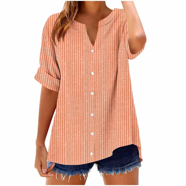 Camisetas Casuales de Manga Corta con Cuello en V Impreso Botón de Verano Suelto Y de Moda
