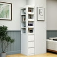 thumbnail image 2 of 70.87" Display Storage Cabinet with Wheels,Modern Wooden Tall Bookshelf Bookcase with 4-Tier Shelf, 3 Side Drawers,Space Saving Storage Organizer for Kitchen Livingroom  Narrow Spaces,White, 2 of 9
