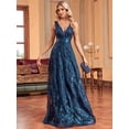 thumbnail image 5 of Teal Blue Sequin Embroidered V-Neck Sleeveless Maxi Evening Gown, 5 of 30
