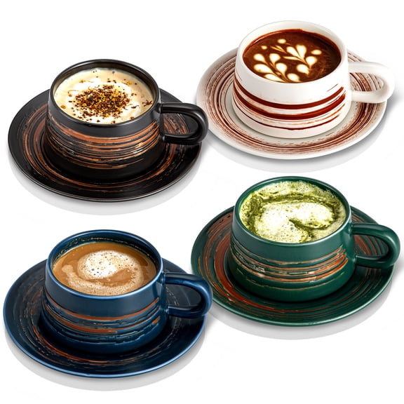 YUN TAO 8 Oz Ceramic Cappuccino Cups with Saucers Set of 4, Ergonomic Handle Mugs for Tea, Espresso & Latte - Home & Cafe Use