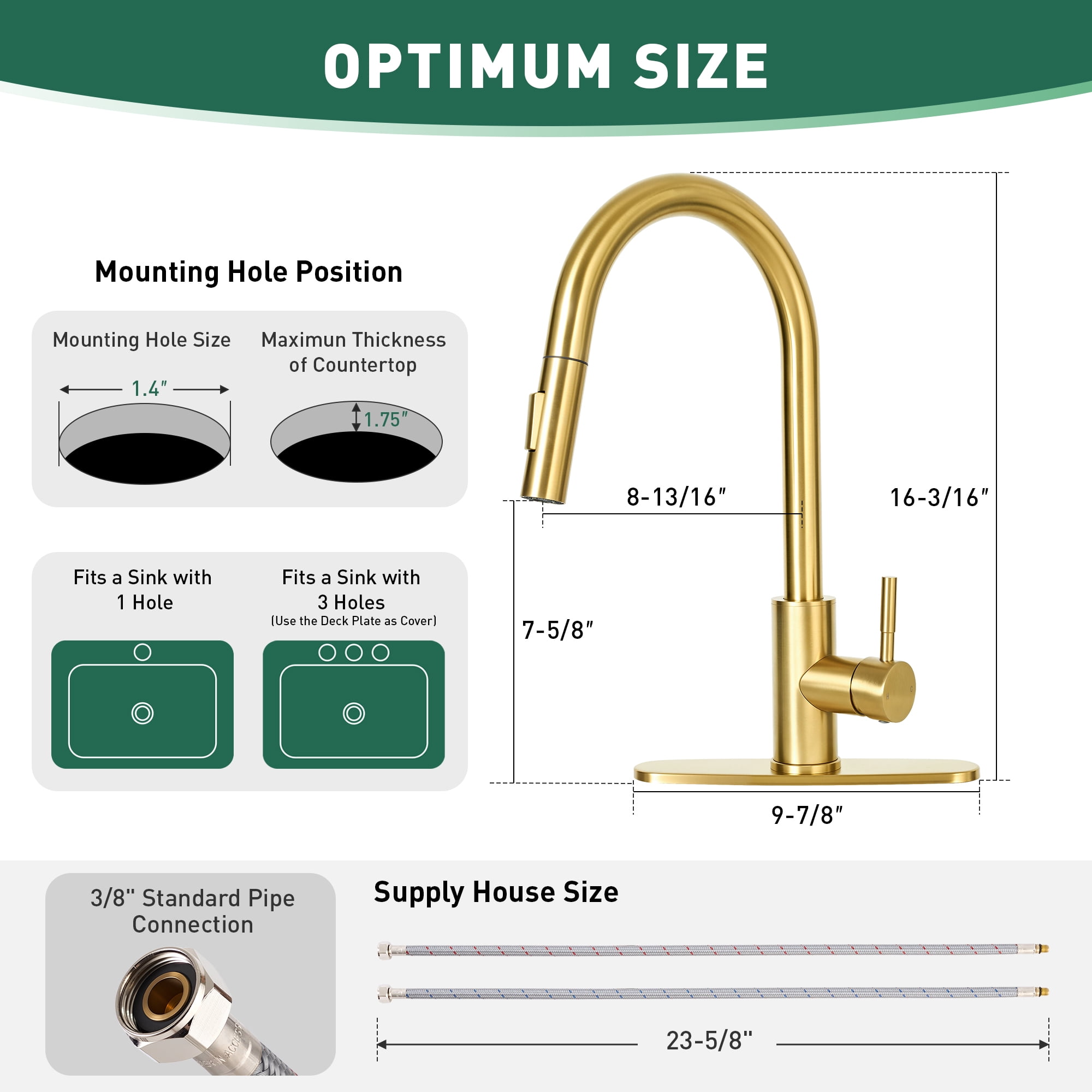 Akicon Kitchen Faucet with Pull Down Sprayer, Dual-Function Single Handle Kitchen Sink Faucets, 304 Stainless Steel with Deck Plate, Fits 1 or 3-Hole Sinks, Brushed Gold