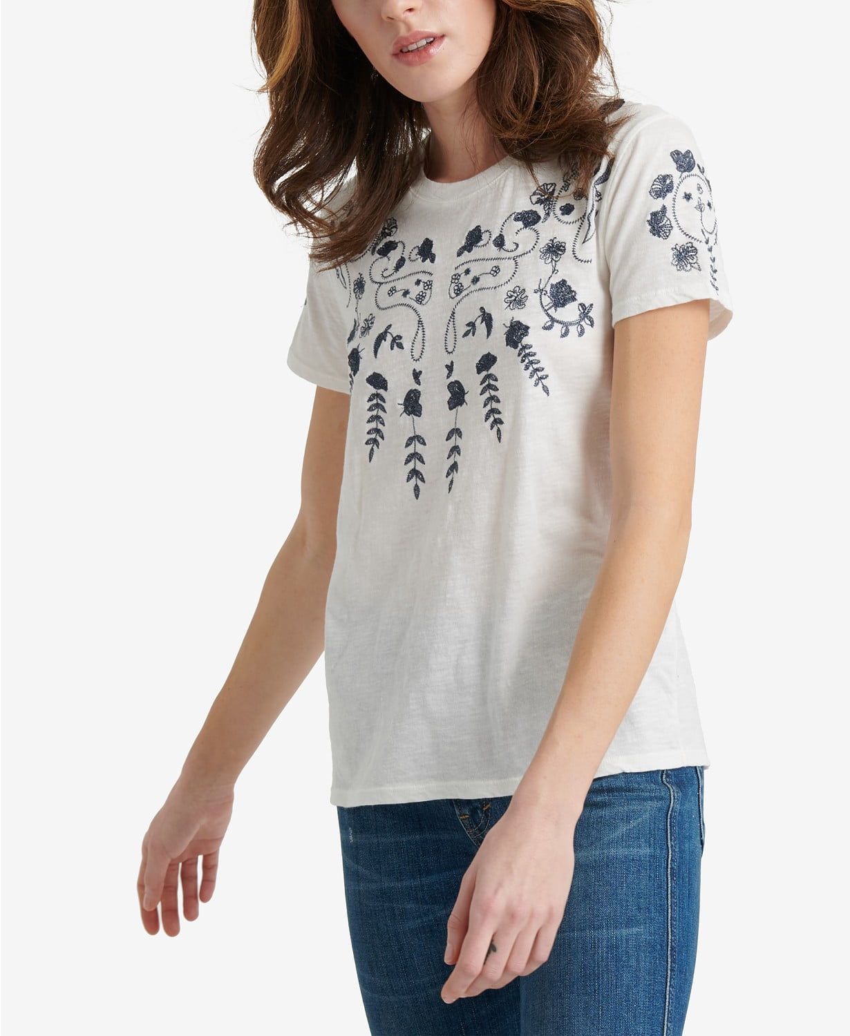 Lucky Brand Womens Placed Embroidery T-Shirt 