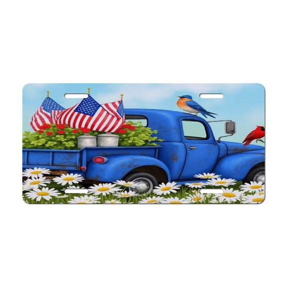 Blue Truck with Flags And Flowers License Plate Lightweight Aluminum Automotive Decoration Vanity Tag for Front Back Car 12x6 Inch