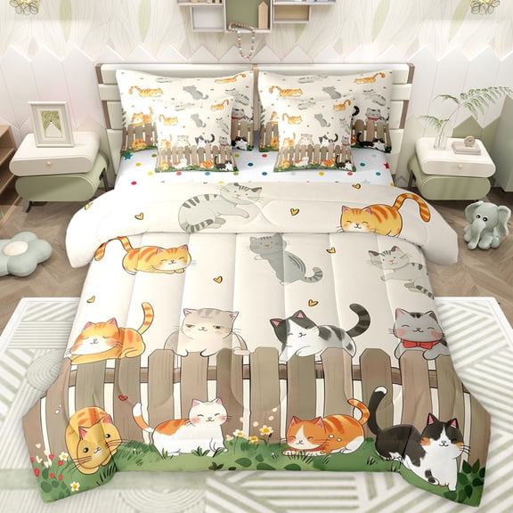 Manfei Cartoon Kitten Cat Twin Bedding Sets 7-Piece for Kids, Spring Flower Floral Bedding Comforter Set, Japanese Anime Animal Reversible Sheet Sets, Super Cozy Room Decor