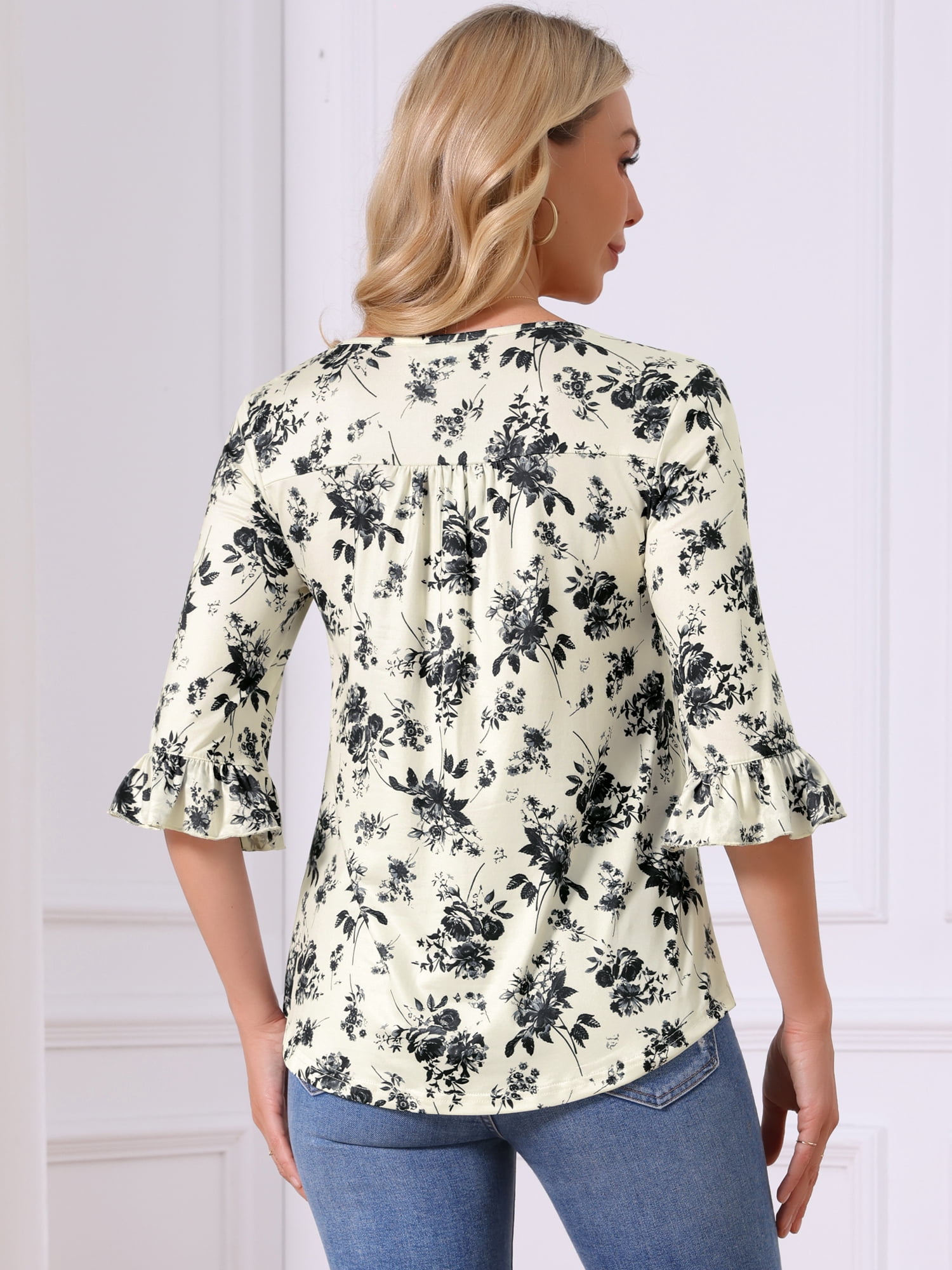 DARING DIVA Women's Floral Casual Square Neck Ruffle 3/4 Sleeve Blouse XL Beige